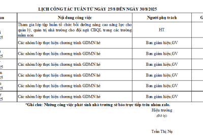 LỊCH CÔNG TÁC TUẦN TỪ NGÀY 25/8 ĐẾN NGÀY 30/8/2025