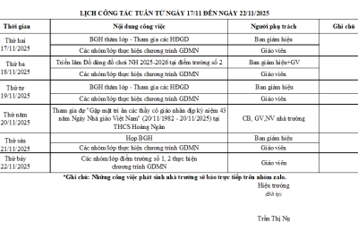 LỊCH CÔNG TÁC TUẦN TỪ NGÀY 17/11 ĐẾN NGÀY 22/11/2025