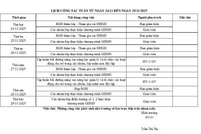 LỊCH CÔNG TÁC TUẦN TỪ NGÀY 24/11 ĐẾN NGÀY 29/11/2025