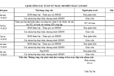 LỊCH CÔNG TÁC TUẦN TỪ NGÀY 08/9 ĐẾN NGÀY 12/9/2025