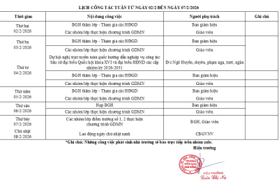 LỊCH CÔNG TÁC TUẦN TỪ NGÀY 02/2 ĐẾN NGÀY 08/2/2026