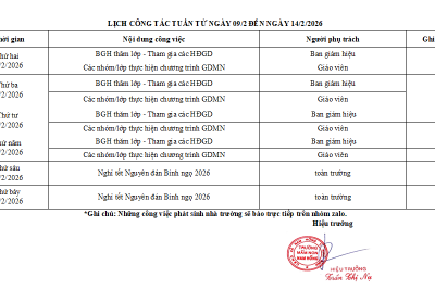 LỊCH CÔNG TÁC TUẦN TỪ NGÀY 09/2 ĐẾN NGÀY 14/2/2026