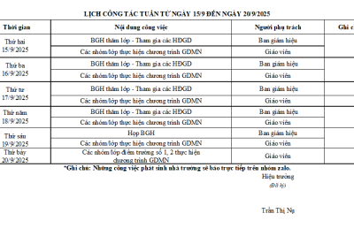 LỊCH CÔNG TÁC TUẦN TỪ NGÀY 15/9 ĐẾN NGÀY 20/9/2025