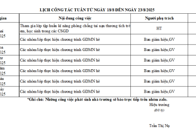 LỊCH CÔNG TÁC TUẦN TỪ NGÀY 18/8 ĐẾN NGÀY 23/8/2025