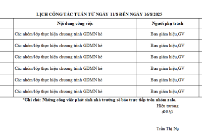 LỊCH CÔNG TÁC TUẦN TỪ NGÀY 11/8 ĐẾN NGÀY 16/8/2025