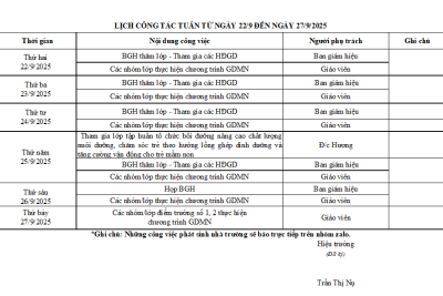 LỊCH CÔNG TÁC TUẦN TỪ NGÀY 22/9 ĐẾN NGÀY27/9/2025
