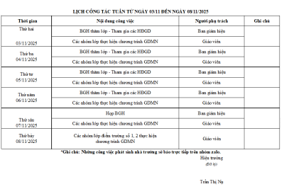 LỊCH CÔNG TÁC TUẦN TỪ NGÀY 03/11 ĐẾN NGÀY 08/11/2025